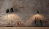Fototapeta Do przedpokoju - Brick wall, concrete floor and lamps background 3d render.