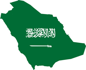 A contour map of Saudi Arabia. Graphic illustration on a white background with the national flag superimposed on the country's borders