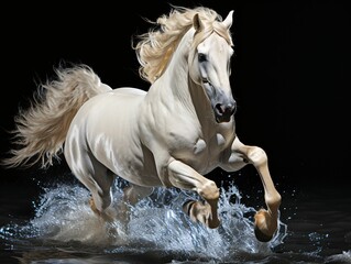  Strong White Horse Galloping with Water Splashes on Black Background