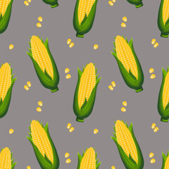 Wall Mural - Seamless pattern, corn on the cob with leaves and corn kernels. Agriculture concept. Background, print, textile, vector