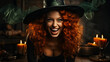 Young female witch with red hair and green skin laughing