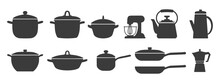 Big Set Of Kitchen Utensils, Silhouette. Pots, Pans, Ladle, Kettle, Coffee Maker, Mixer, Blender. Icons, Vector