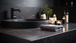 Black bathroom interior design, black washbasin and faucet on black marble counter in modern luxury minimal washroom.