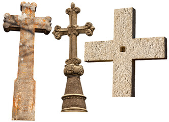 Collection of stone Religious Crosses isolated on white or transparent background, Italy, Europe. Png.