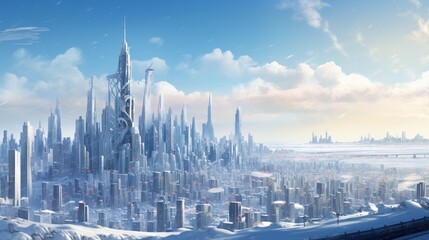 A panoramic view of a city skyline blanketed in snow, with skyscrapers catching the winter light.