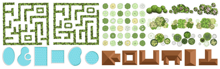 Landscape elements for master plans. Various trees, houses, pools, bushes, and furniture. Maze garden. Top view for the architectural plan. Vector illustration.