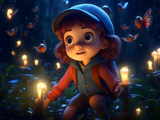 A cartoon girl exploring fairy jungle 