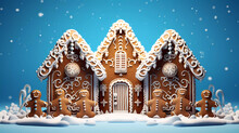 A Gingerbread House With A Blue Background And A Blue Background With A Gingerbread House And A Gingerbread Man