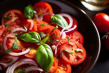 Healthy tomato salad with onion basil olive oil and balsamic vinegar.