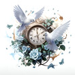 Uhr, Flügel, Liebe, Kunst, Dekoration, Blumen, Taube, weiß, clock, wings, love, art, decoration, flowers, dove, white,