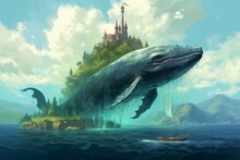 A Blend Of A Massive Blue Whale And A Picturesque Island In The Vast Ocean. Generative AI
