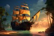 Fantasy pirate ship sailing near beach, digital concept art. Deep color. Generative AI
