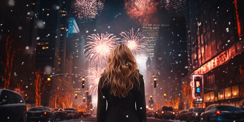 Wall Mural - Rear view of woman walking the streets of city on New Years, new year fireworks holiday, copy space, generative ai
