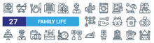 Set Of 27 Outline Web Family Life Icons Such As Education, Stroller, Dinner, Washing Hine, House Key, Grandfather, Iron, Mosque Vector Thin Line Icons For Web Design, Mobile App.