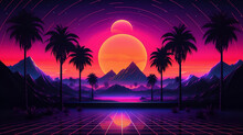Illustration Of Vintage Funky Retro Style Of  Tropical Silhouette Of Sunset Between Palm Trees With Neon Lights