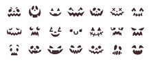 Spooky Halloween Pumpkin Faces, Scary Monster Or Ghost Face Expressions. Creepy Character Evil Eyes And Smile, Autumn Holiday Horror Decor Element, Funny Pumpkin Lantern Cut Out Silhouette Vector Set