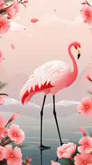 Wall Mural - Pink flamingo on the background of nature with exotic beautiful flowers, illustration