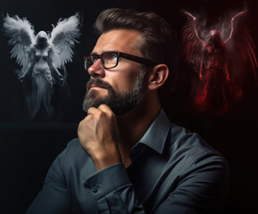 Inner Conflict. Man Facing Good and Evil. Moral Dilemma. Temptation and Contemplation. Choosing Between Angels and Demons. Businessman wearing glasses. blue shirt. salt and pepper hair and beard.