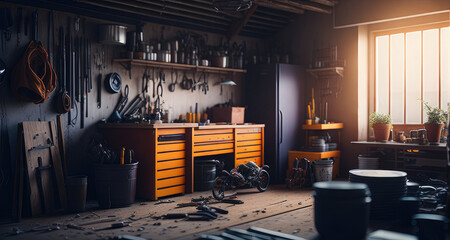 Wall Mural - Interior garage with mechanic tools