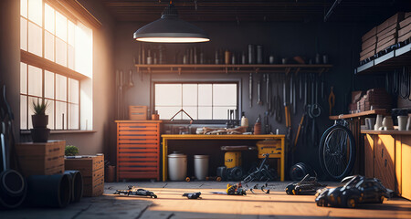 Wall Mural - Interior garage with mechanic tools