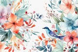 Fototapeta Młodzieżowe - Seamless watercolor pattern featuring floral and avian elements on a white background. Generative AI