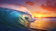 A Vivid Ocean Wave With A Crest Of Sea Water, Set Against The Backdrop Of A Stunning Sunset And Picturesque Clouds.