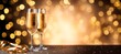 happy new year! two glasses of champagne New Year's Eve, celebration concept. Horizontal background / banner for celebrations and invitation cards, copy space for text