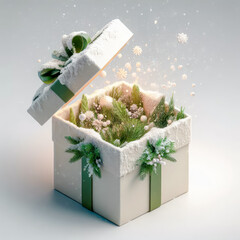 Leinwandbilder - Open gift box with green ribbon and christmas decoration on white background