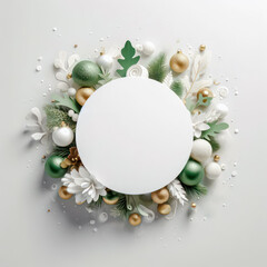 Leinwandbilder - Christmas and New Year round frame with fir branches, pine cones, Christmas balls, snowflakes on white background