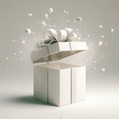 Opened gift box with falling snow on white background. Christmas concept