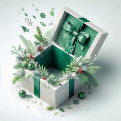 Leinwandbilder - Open gift box with green ribbon and christmas decoration on white background