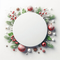 Leinwandbilder - Christmas and New Year round frame with fir branches, pine cones, Christmas balls, snowflakes on white background