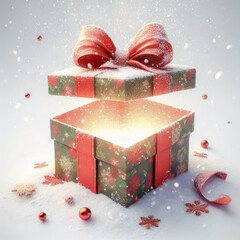 Fototapete - Open gift box with magic light and falling snow. Christmas concept.