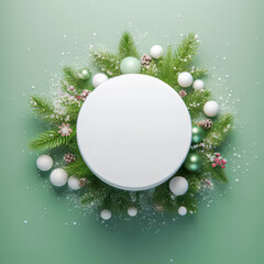 Leinwandbilder - Christmas and New Year round frame with fir branches, pine cones, Christmas balls, snowflakes on green background