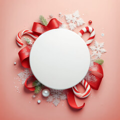 Leinwandbilder - Christmas and New Year round frame with candy cane, snowflakes and ribbon on red background