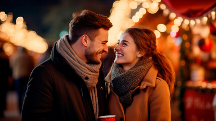 winter holidays and people concept - happy young couple dating at christmas tree in evening. Ai generated