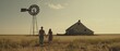 Two individuals, hand in hand, embark on a journey amidst a vast golden field, with an iconic windmill and an old barn painting a rustic backdrop