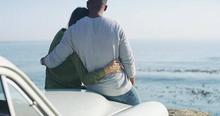 Poster - Car, road trip and couple hug at a beach with care, trust and bond in nature rear view together. Travel, freedom and back of man embrace woman at the ocean with love, support and adventure in Florida