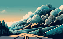 Vector Illustration Of A Lonely Road In The Mountains With Trees And Clouds, Surreal Abstract Nature, Generative Ai