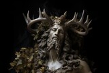 Fototapeta  - Statue of pagan god with deer antlers crown and golden details on a black background