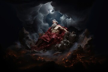 Wall Mural - Mythological god sitting on the throne in the cloudy dark sky.