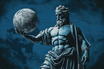 mythological figure holding a planet in his hand.