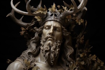 Wall Mural - Pagan god with deer antlers crown and fall leaves details on black background.