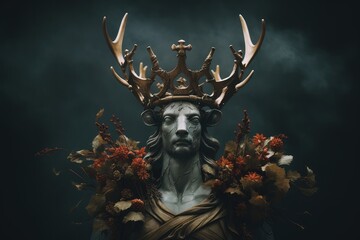 Wall Mural -  Statue of pagan god with deer antlers crown, red flowers and golden details on a black background