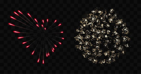 Poster - Fireworks explosion vector set. Red and gold fireworks on transparent background. 6/7