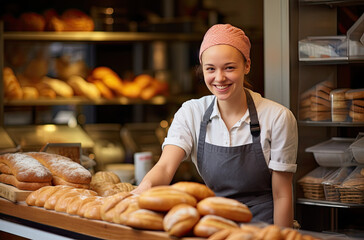 Wall Mural - Bakery staff smiles brightly at customers