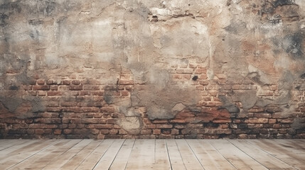 Room interior empty space background mock up, sunlight and shadows room brick walls and blank parquet floor