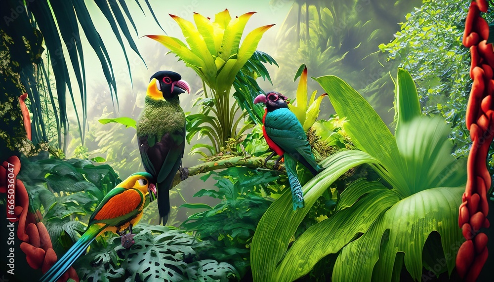 Tropical background with lush plants and exotic birds in vivid colors ...
