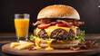 burger hamburger delicious cheese beef tomato bacon soft drinks lettuce bread dinner