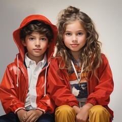 Wall Mural - two children in red posing in studio, looking at camera. Youth fashion concept. Generative AI